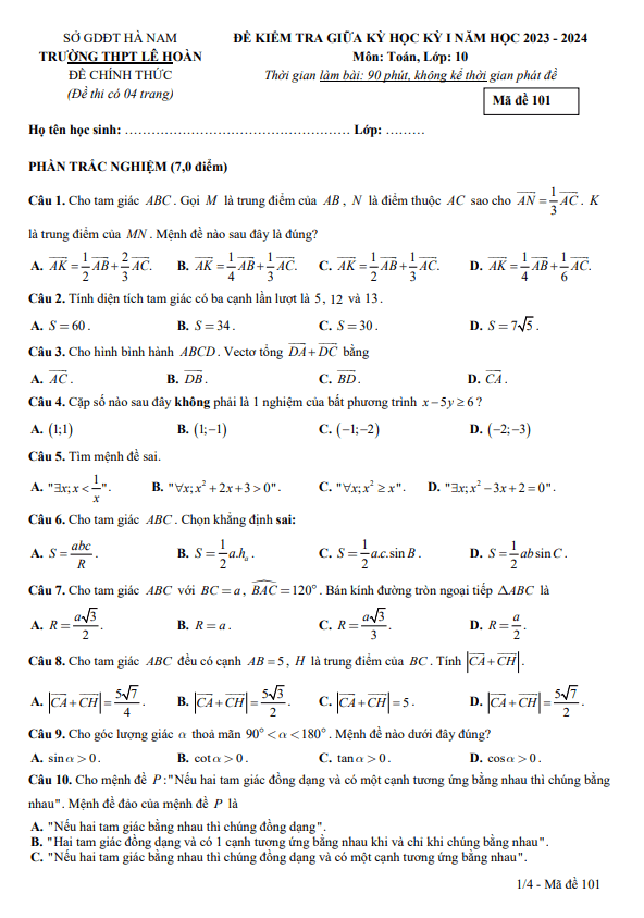 Đề giữa học kỳ 1 Toán 10 năm 2023 2024 trường THPT Lê Hoàn Hà Nam