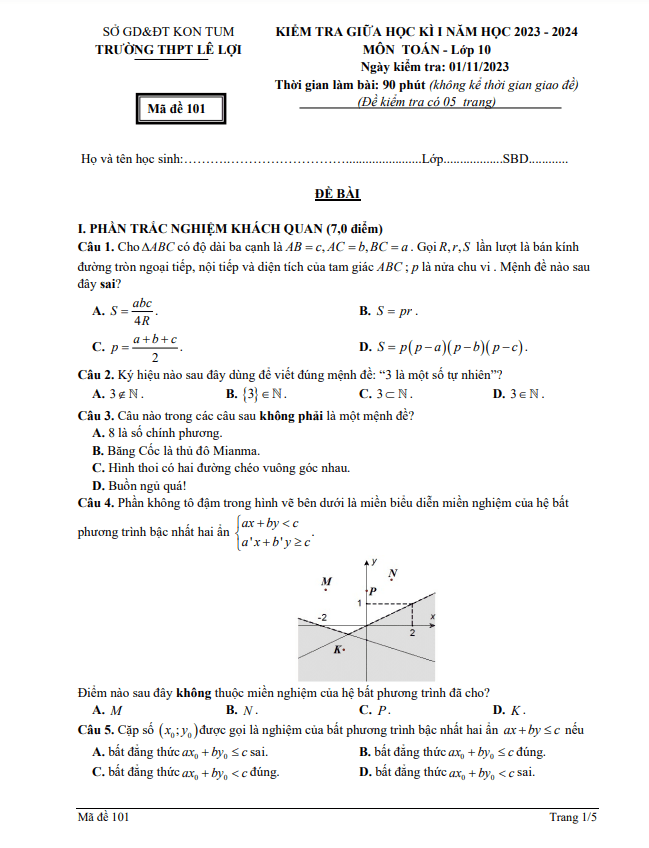 Đề giữa học kỳ 1 Toán 10 năm 2023 2024 trường THPT Lê Lợi Kon Tum