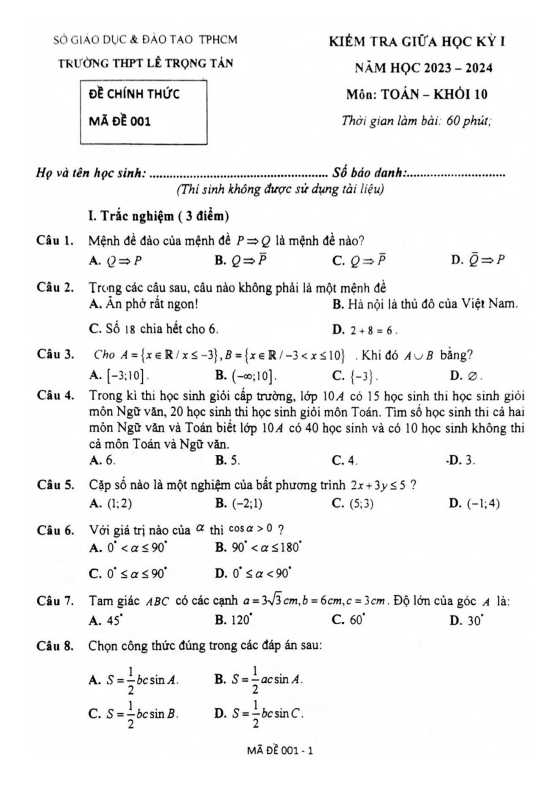 Đề giữa học kỳ 1 Toán 10 năm 2023 2024 trường THPT Lê Trọng Tấn TP HCM