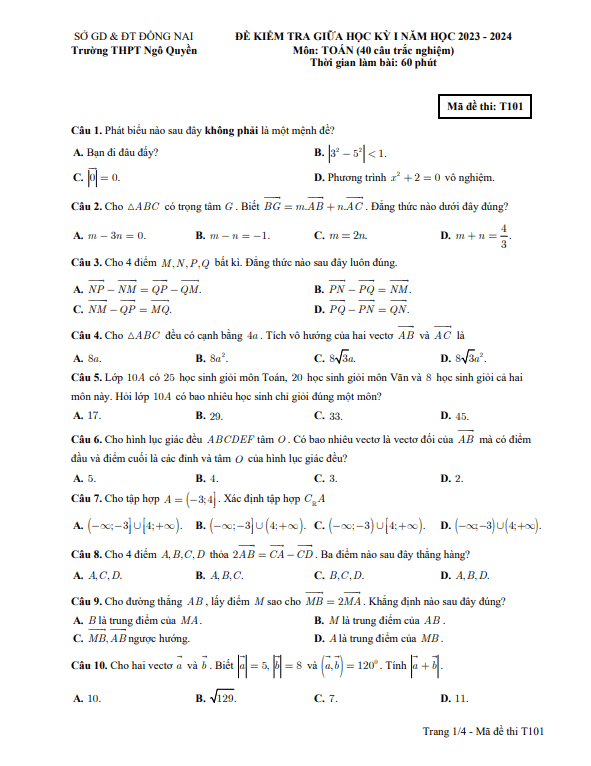 Đề giữa học kỳ 1 Toán 10 năm 2023 2024 trường THPT Ngô Quyền Đồng Nai