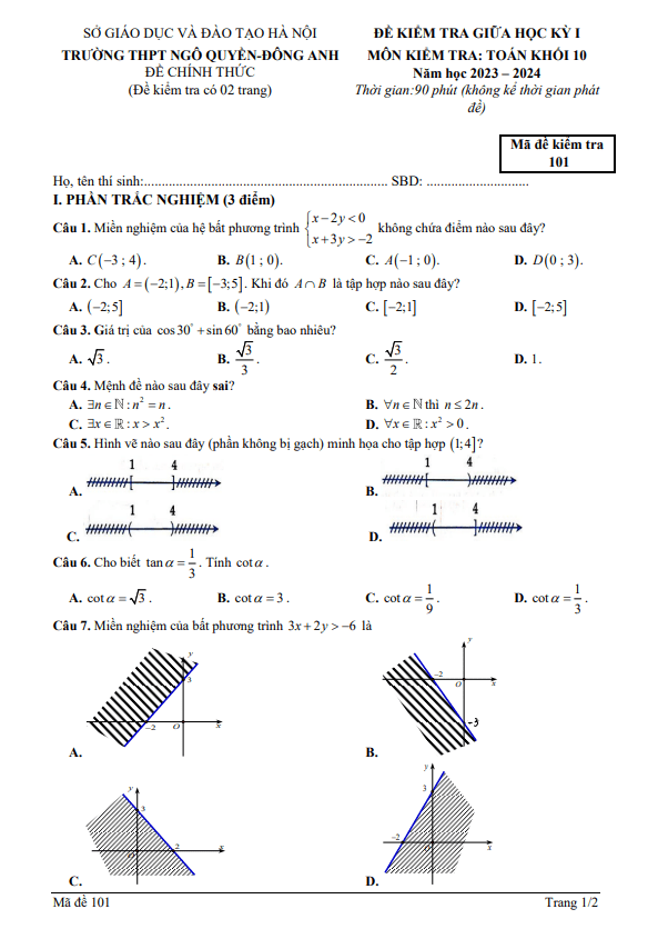 Đề giữa học kỳ 1 Toán 10 năm 2023 2024 trường THPT Ngô Quyền Hà Nội