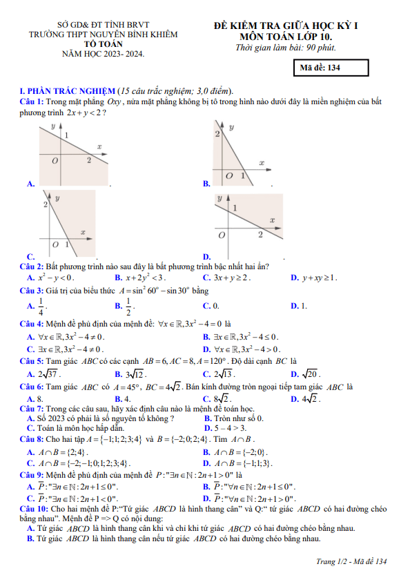 Đề giữa học kỳ 1 Toán 10 năm 2023 2024 trường THPT Nguyễn Bỉnh Khiêm BR VT