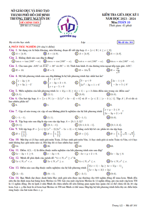 Đề giữa học kỳ 1 Toán 10 năm 2023 2024 trường THPT Nguyễn Du TP HCM