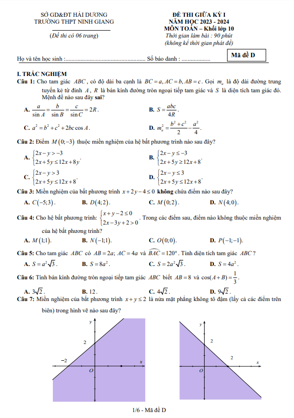 Đề giữa học kỳ 1 Toán 10 năm 2023 2024 trường THPT Ninh Giang Hải Dương