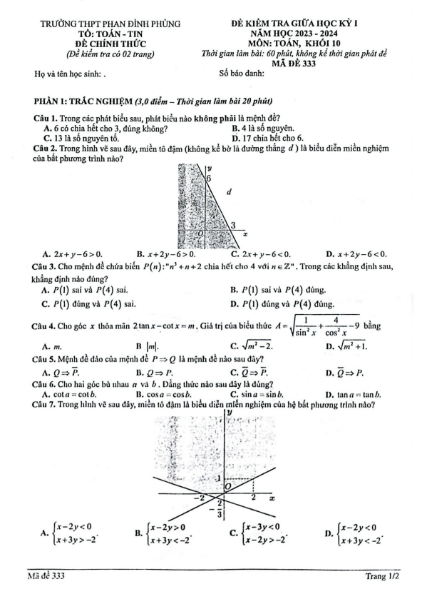 Đề giữa học kỳ 1 Toán 10 năm 2023 2024 trường THPT Phan Đình Phùng Hà Nội