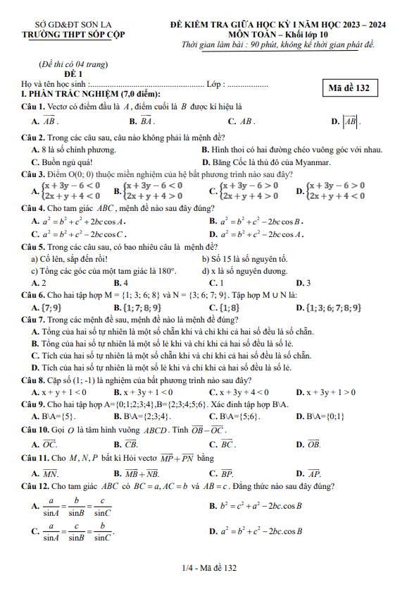 Đề giữa học kỳ 1 Toán 10 năm 2023 2024 trường THPT Sốp Cộp Sơn La