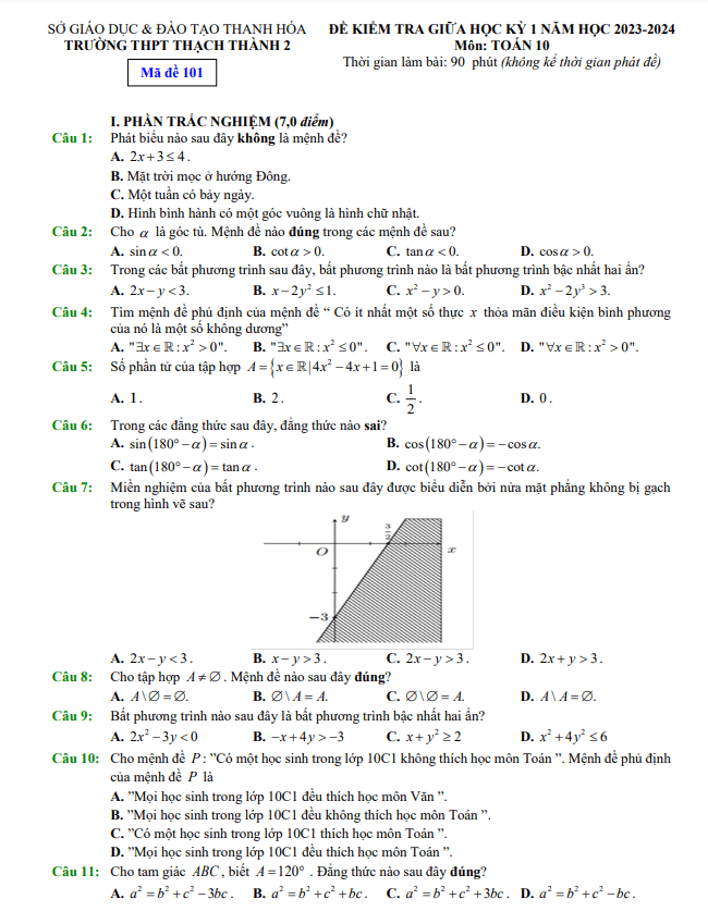 Đề giữa học kỳ 1 Toán 10 năm 2023 2024 trường THPT Thạch Thành 2 Thanh Hóa