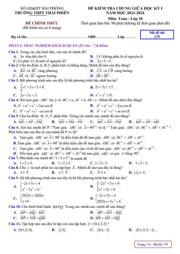 Đề giữa học kỳ 1 Toán 10 năm 2023 2024 trường THPT Thái Phiên Hải Phòng