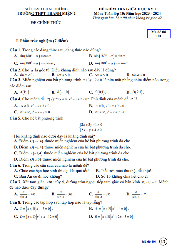Đề giữa học kỳ 1 Toán 10 năm 2023 2024 trường THPT Thanh Miện 2 Hải Dương