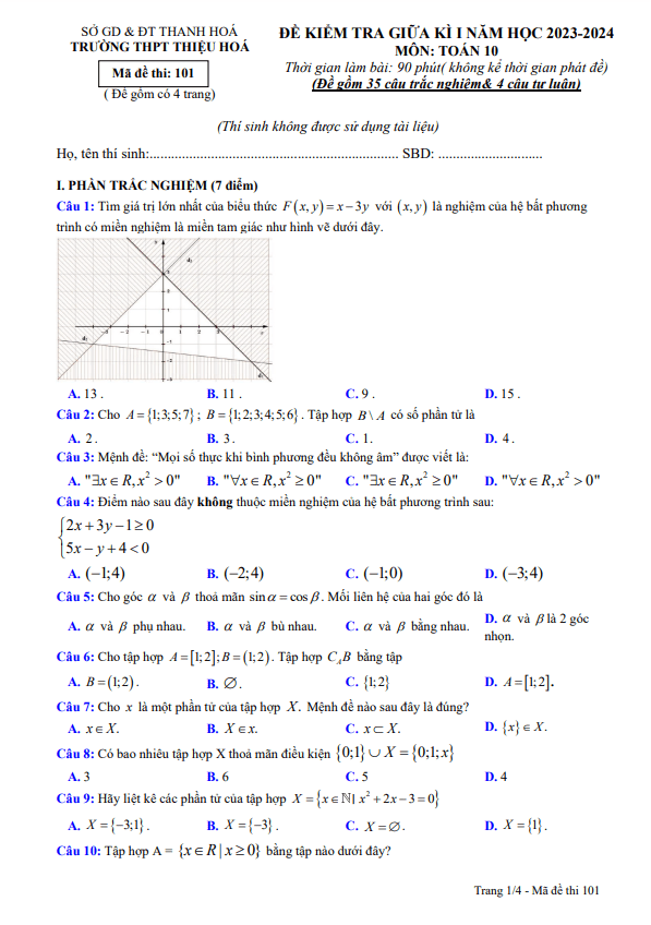 Đề giữa học kỳ 1 Toán 10 năm 2023 2024 trường THPT Thiệu Hóa Thanh Hóa