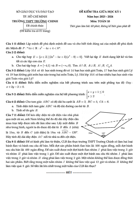 Đề giữa học kỳ 1 Toán 10 năm 2023 2024 trường THPT Trường Chinh TP HCM