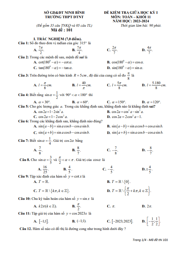 Đề giữa học kỳ 1 Toán 11 năm 2023 2024 trường THPT DTNT Ninh Bình