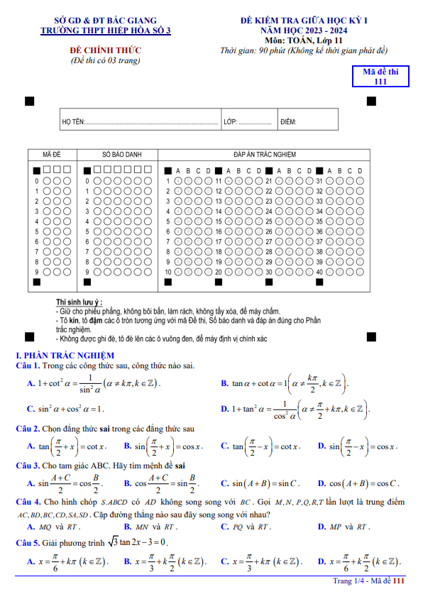 Đề giữa học kỳ 1 Toán 11 năm 2023 2024 trường THPT Hiệp Hòa 3 Bắc Giang