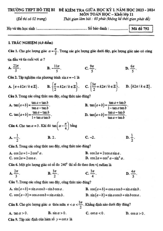 Đề giữa học kỳ 1 Toán 11 năm 2023 2024 trường THPT Hồ Thị Bi TP HCM