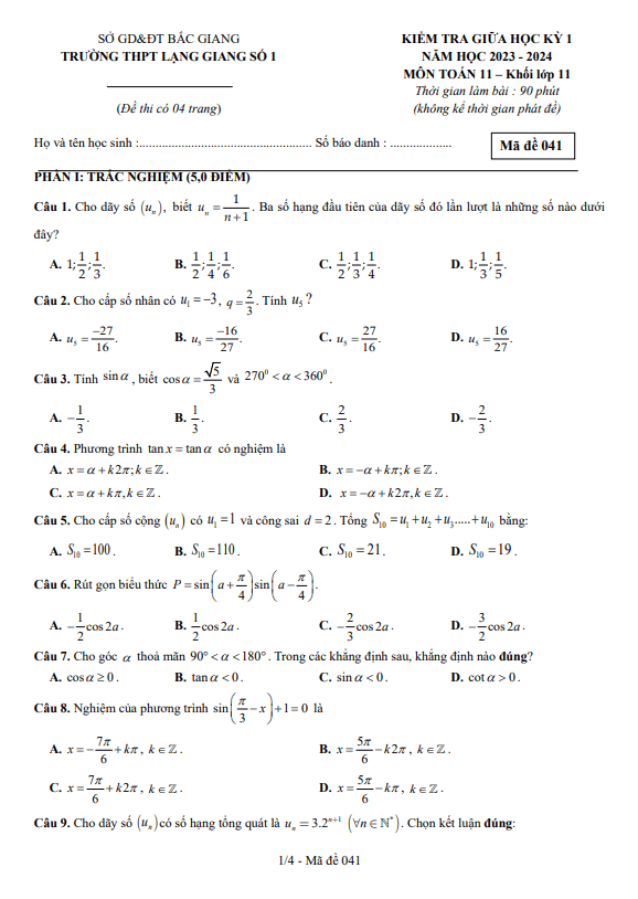 Đề giữa học kỳ 1 Toán 11 năm 2023 2024 trường THPT Lạng Giang 1 Bắc Giang