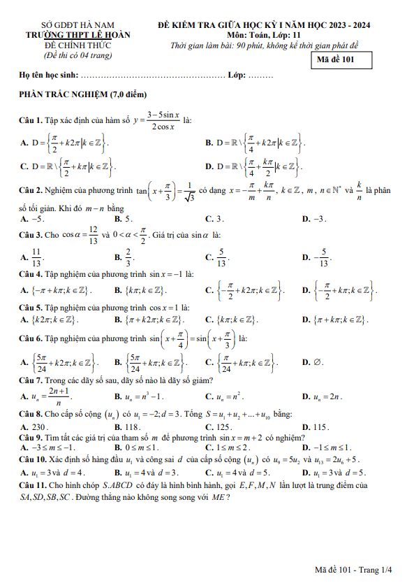 Đề giữa học kỳ 1 Toán 11 năm 2023 2024 trường THPT Lê Hoàn Hà Nam