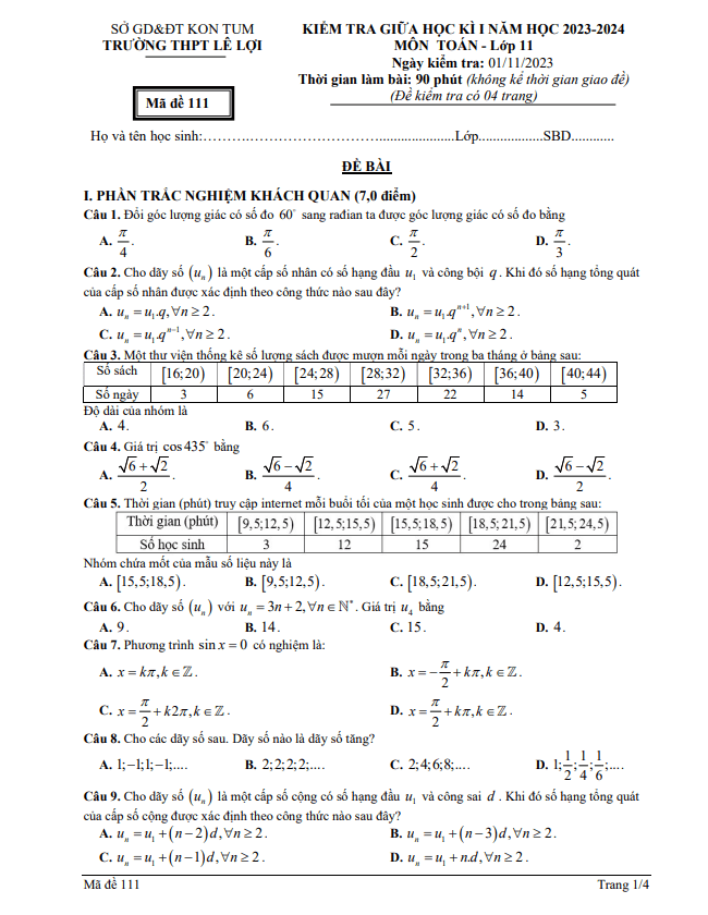 Đề giữa học kỳ 1 Toán 11 năm 2023 2024 trường THPT Lê Lợi Kon Tum