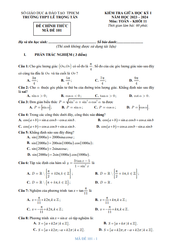 Đề giữa học kỳ 1 Toán 11 năm 2023 2024 trường THPT Lê Trọng Tấn TP HCM
