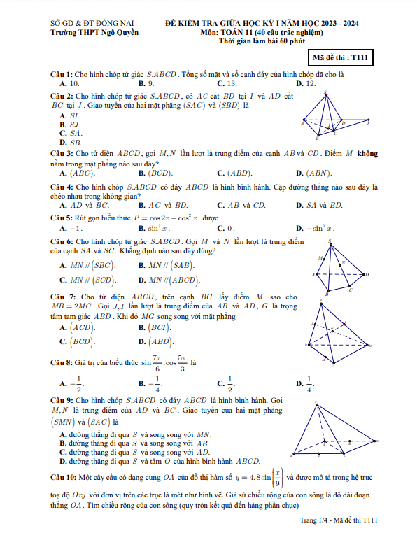 Đề giữa học kỳ 1 Toán 11 năm 2023 2024 trường THPT Ngô Quyền Đồng Nai