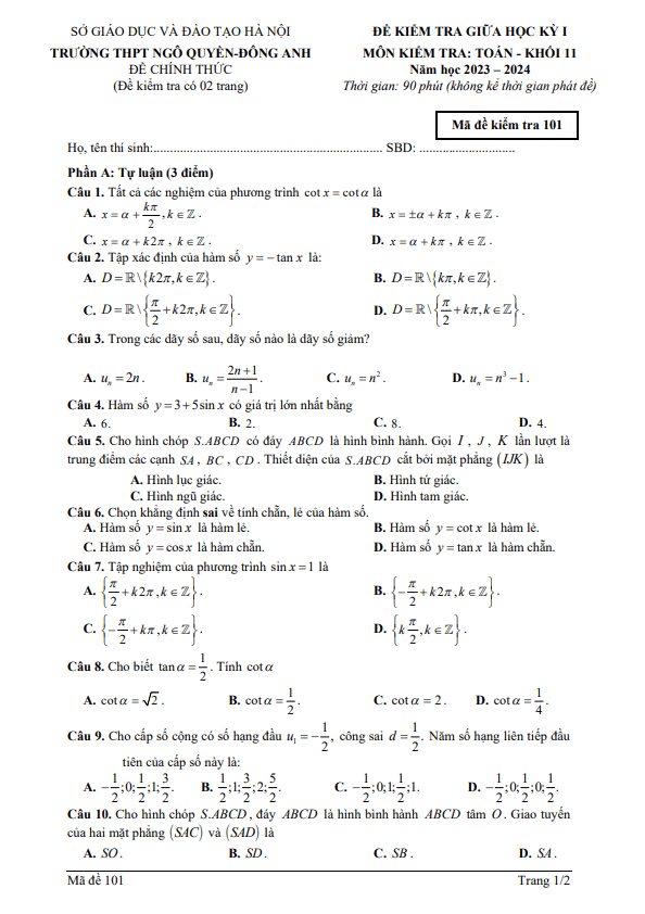 Đề giữa học kỳ 1 Toán 11 năm 2023 2024 trường THPT Ngô Quyền Hà Nội
