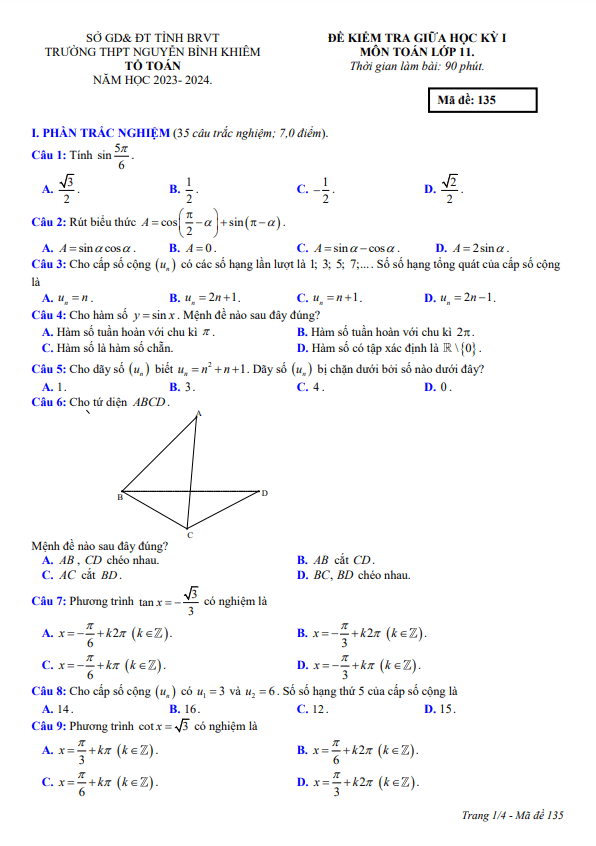Đề giữa học kỳ 1 Toán 11 năm 2023 2024 trường THPT Nguyễn Bỉnh Khiêm BR VT