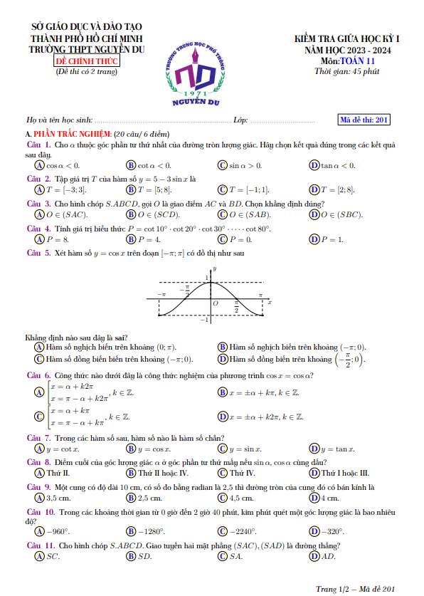 Đề giữa học kỳ 1 Toán 11 năm 2023 2024 trường THPT Nguyễn Du TP HCM