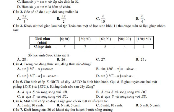 Đề giữa học kỳ 1 Toán 11 năm 2023 2024 trường THPT Nguyễn Trãi Thanh Hoá