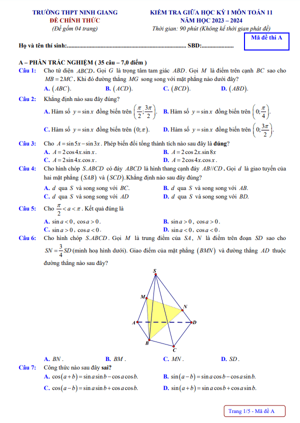 Đề giữa học kỳ 1 Toán 11 năm 2023 2024 trường THPT Ninh Giang Hải Dương