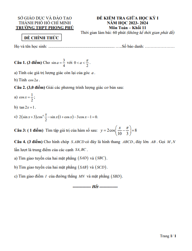 Đề giữa học kỳ 1 Toán 11 năm 2023 2024 trường THPT Phong Phú TP HCM