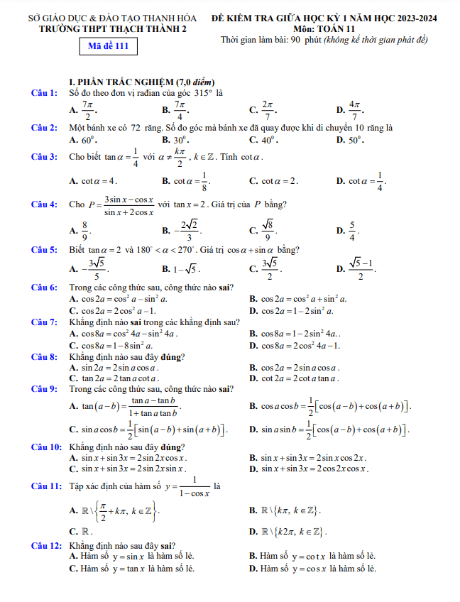 Đề giữa học kỳ 1 Toán 11 năm 2023 2024 trường THPT Thạch Thành 2 Thanh Hóa