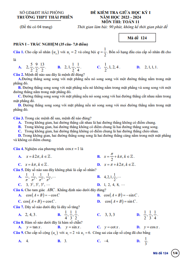 Đề giữa học kỳ 1 Toán 11 năm 2023 2024 trường THPT Thái Phiên Hải Phòng