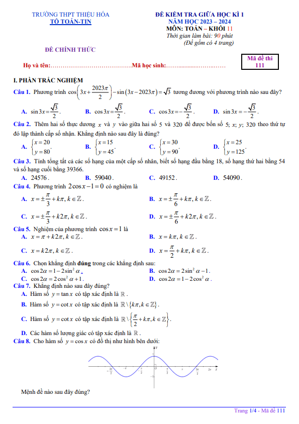 Đề giữa học kỳ 1 Toán 11 năm 2023 2024 trường THPT Thiệu Hóa Thanh Hóa