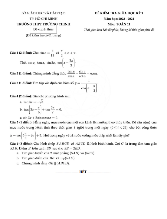 Đề giữa học kỳ 1 Toán 11 năm 2023 2024 trường THPT Trường Chinh TP HCM