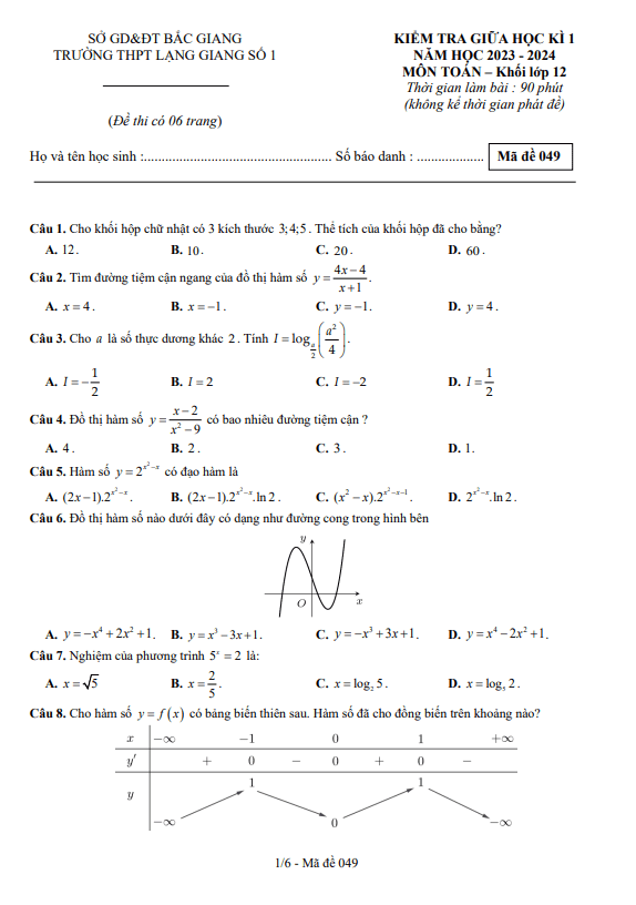 Đề giữa học kỳ 1 Toán 12 năm 2023 2024 trường THPT Lạng Giang 1 Bắc Giang