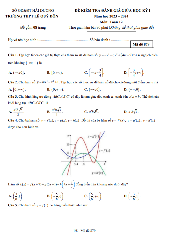 Đề giữa học kỳ 1 Toán 12 năm 2023 2024 trường THPT Lê Quý Đôn Hải Dương