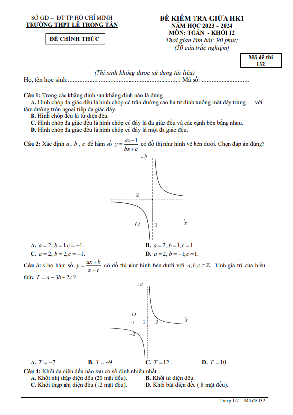 Đề giữa học kỳ 1 Toán 12 năm 2023 2024 trường THPT Lê Trọng Tấn TP HCM