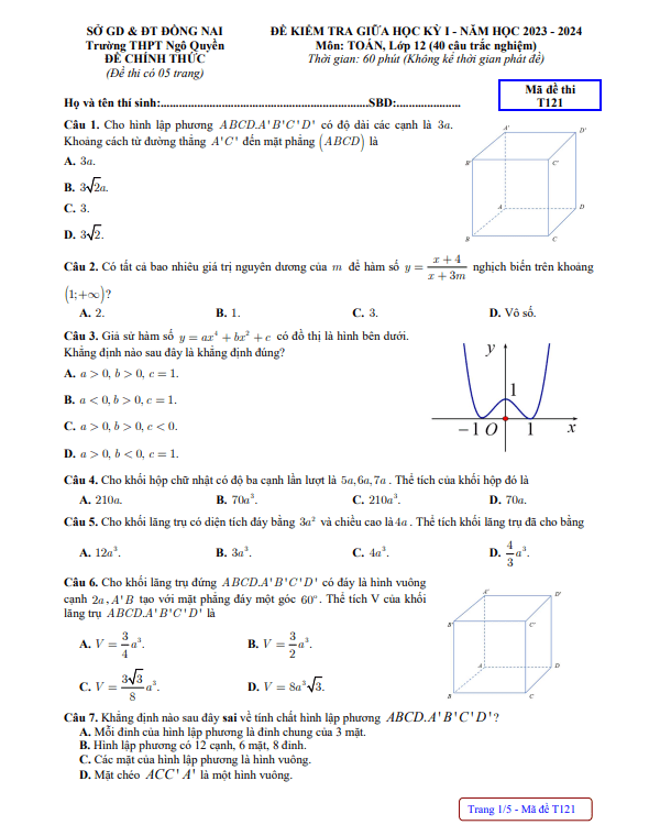 Đề giữa học kỳ 1 Toán 12 năm 2023 2024 trường THPT Ngô Quyền Đồng Nai