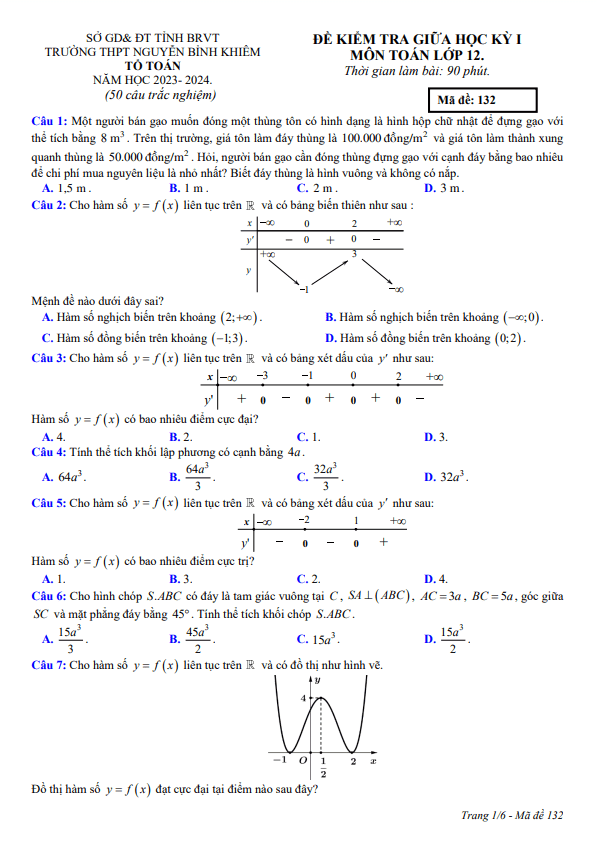 Đề giữa học kỳ 1 Toán 12 năm 2023 2024 trường THPT Nguyễn Bỉnh Khiêm BR VT