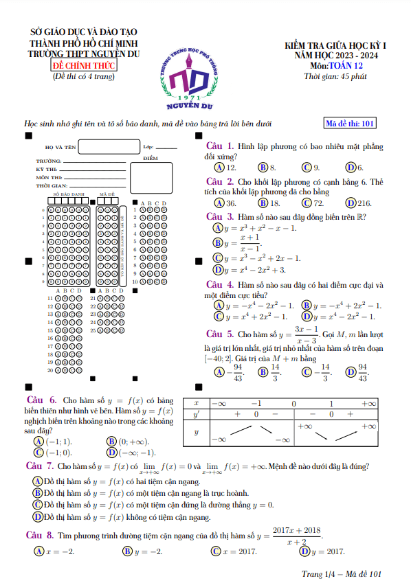 Đề giữa học kỳ 1 Toán 12 năm 2023 2024 trường THPT Nguyễn Du TP HCM