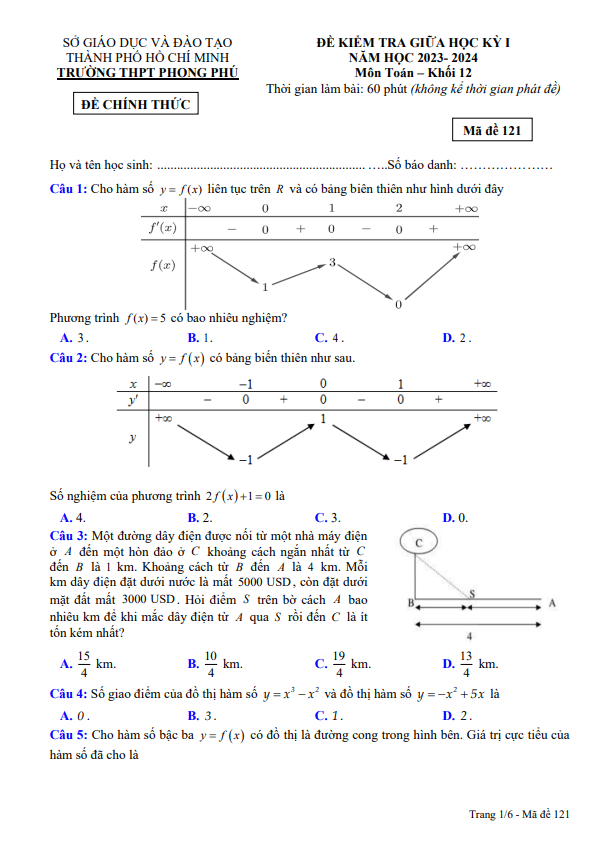 Đề giữa học kỳ 1 Toán 12 năm 2023 2024 trường THPT Phong Phú TP HCM