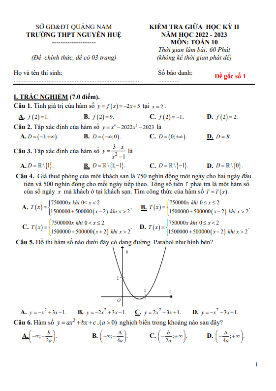 Đề giữa học kỳ 2 Toán 10 năm 2022 2023 trường THPT Nguyễn Huệ Quảng Nam