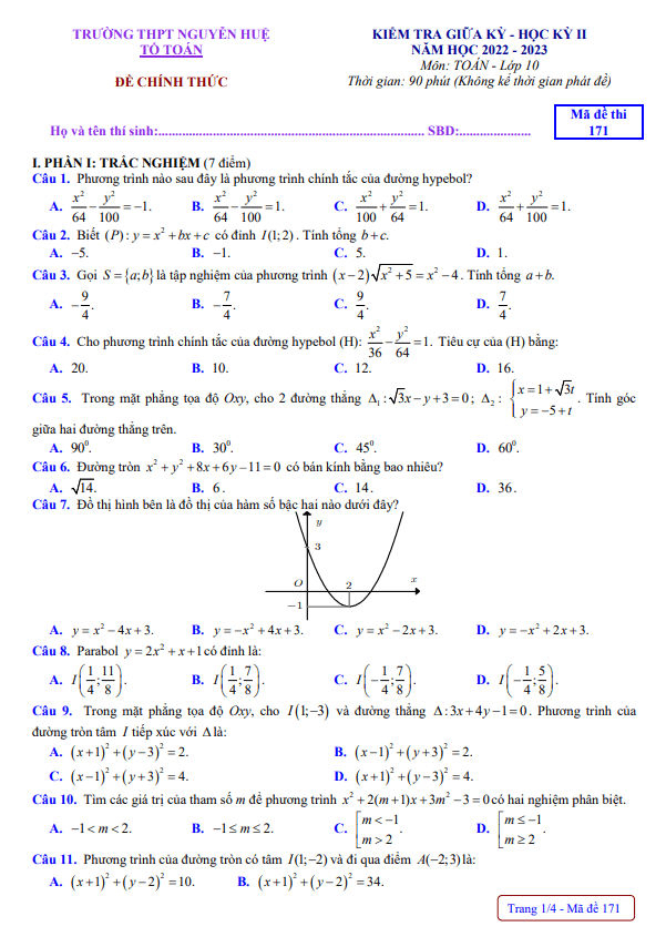 Đề giữa học kỳ 2 Toán 10 năm 2022 2023 trường THPT Nguyễn Huệ TT Huế