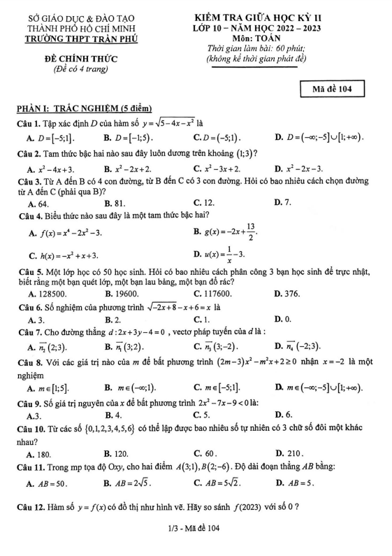 Đề giữa học kỳ 2 Toán 10 năm 2022 2023 trường THPT Trần Phú TP HCM