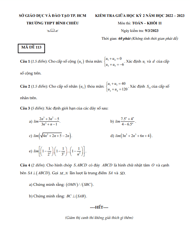 Đề giữa học kỳ 2 Toán 11 năm 2022 2023 trường THPT Bình Chiểu TP HCM