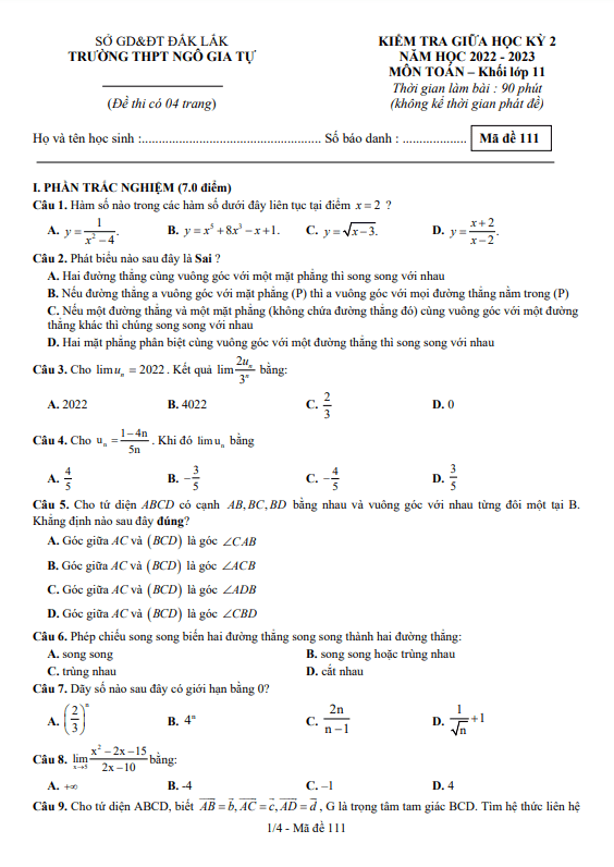 Đề giữa học kỳ 2 Toán 11 năm 2022 2023 trường THPT Ngô Gia Tự Đắk Lắk