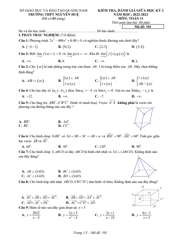 Đề giữa học kỳ 2 Toán 11 năm 2022 2023 trường THPT Nguyễn Huệ Quảng Nam