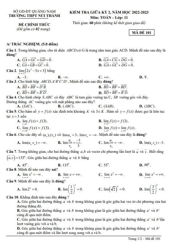 Đề giữa học kỳ 2 Toán 11 năm 2022 2023 trường THPT Núi Thành Quảng Nam