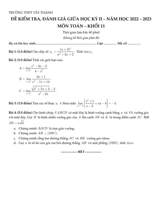 Đề giữa học kỳ 2 Toán 11 năm 2022 2023 trường THPT Tây Thạnh TP HCM
