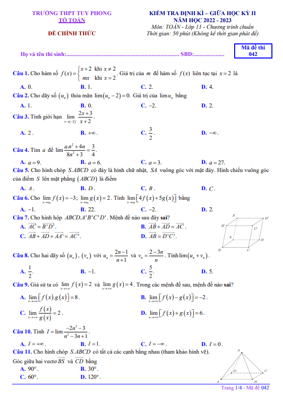 Đề giữa học kỳ 2 Toán 11 năm 2022 2023 trường THPT Tuy Phong Bình Thuận