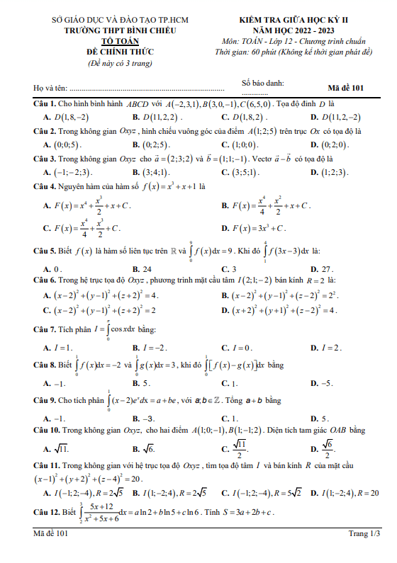 Đề giữa học kỳ 2 Toán 12 năm 2022 2023 trường THPT Bình Chiểu TP HCM